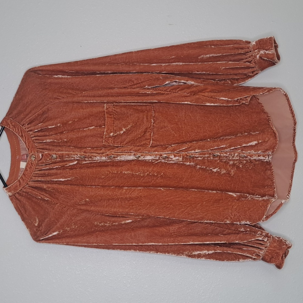 Anthropologie Pilcro Women's Crushed Velvet Blouse Button Up Burnt Orange XS